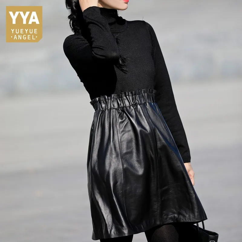 

Women Stretchy Knitted Patchwork Sheepskin Genuine Leather Dress Casual Short Turtleneck Long Sleeve Elastic Waist Ladies Dress