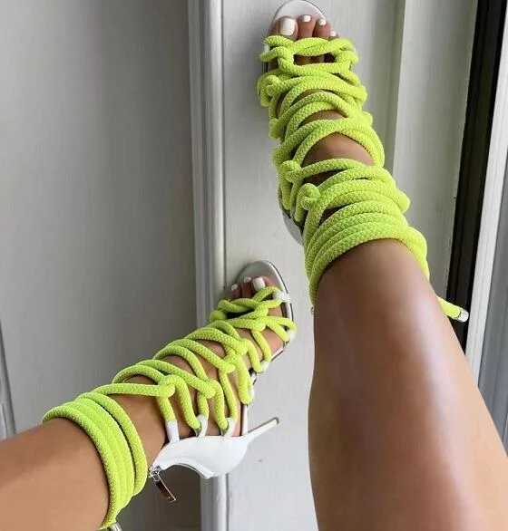 Summer Fashion Fluorescent Yellow Blue Rose Pink Gladiator Cuts Out Cross Lace Up Sandals Woman Open Toe Ropes Zipper Back Shoes