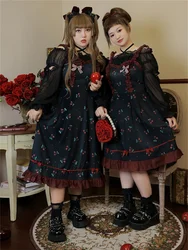 Sweet Girl Cute Large Size 4xl Cherry Printing Bowknot Dress Lolita Black Ruffle Kawaii Woman Japanese Lolita Cosplay Jsk