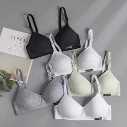 New Women's Underwear Pure Cotton Girls' Developmental Youth Bras Gathering No Steel Ring Cup Thin Anti-sagging Bra Set Lingerie