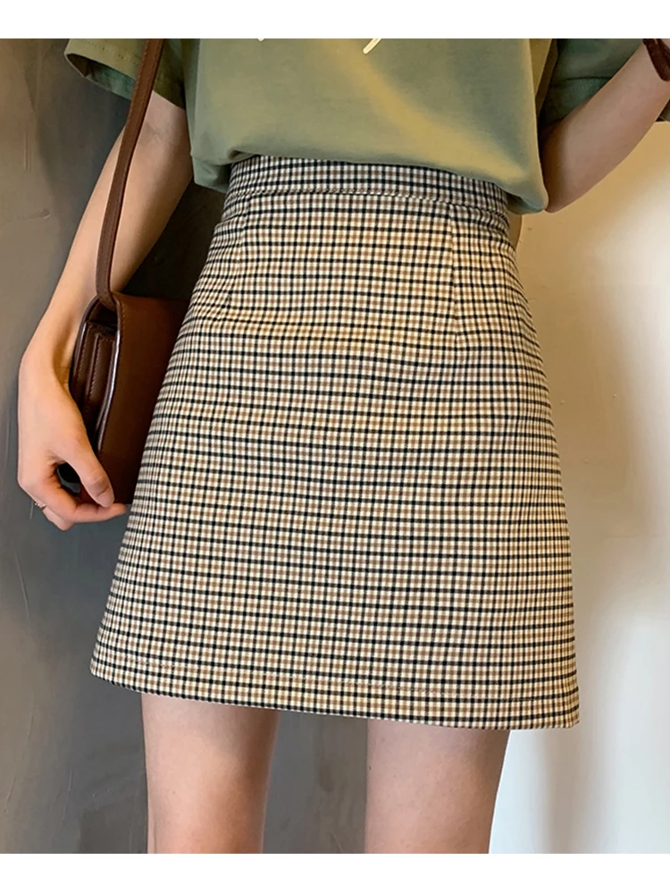 

2020 new high waist thin a-line skirt temperament package hip skirt summer plaid skirt