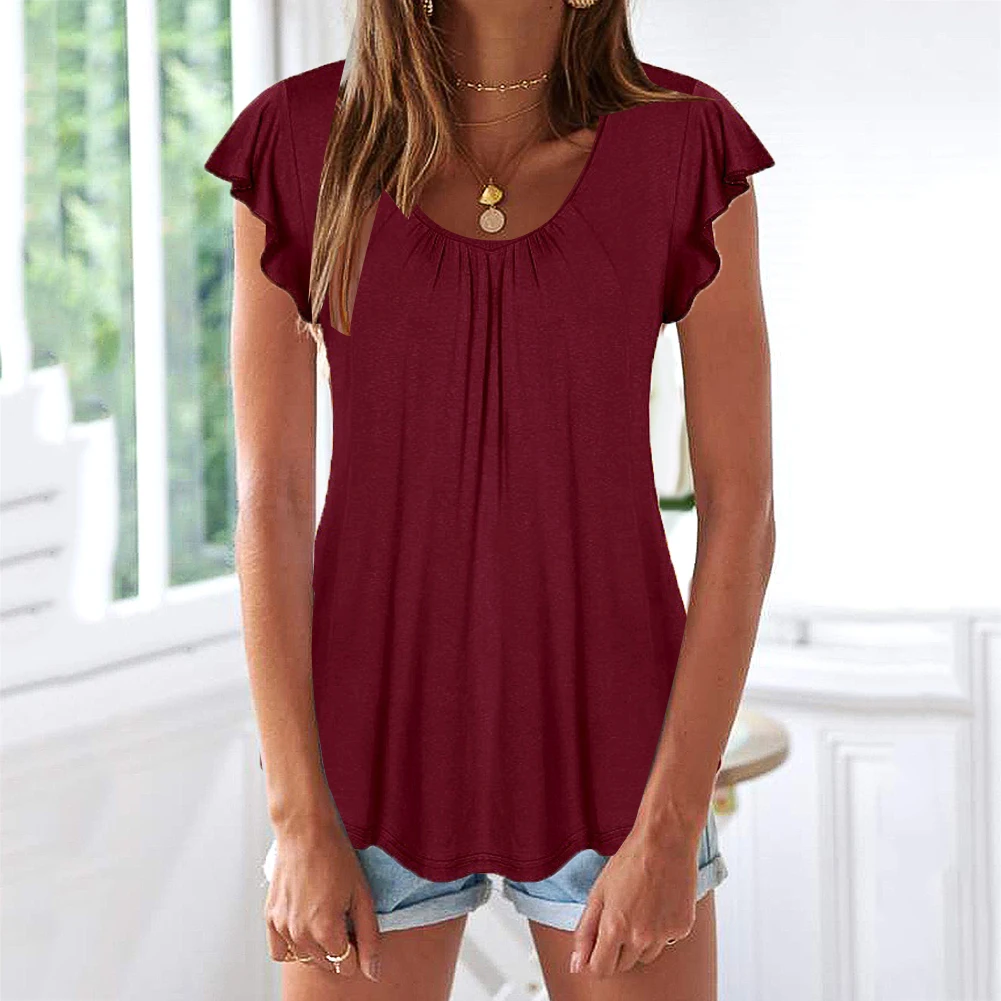 Hot Women T-shirts 2021 Solid Color Scoop Neck Short Ruffled Sleeve Shirts Bottoming Top Women T Shirt Summer