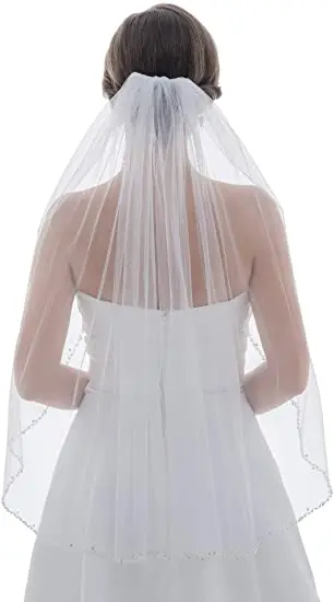 Hot Selling Fashion Style 1T 1 Tier Wavy Pearl Crystal Beaded Veil Elbow