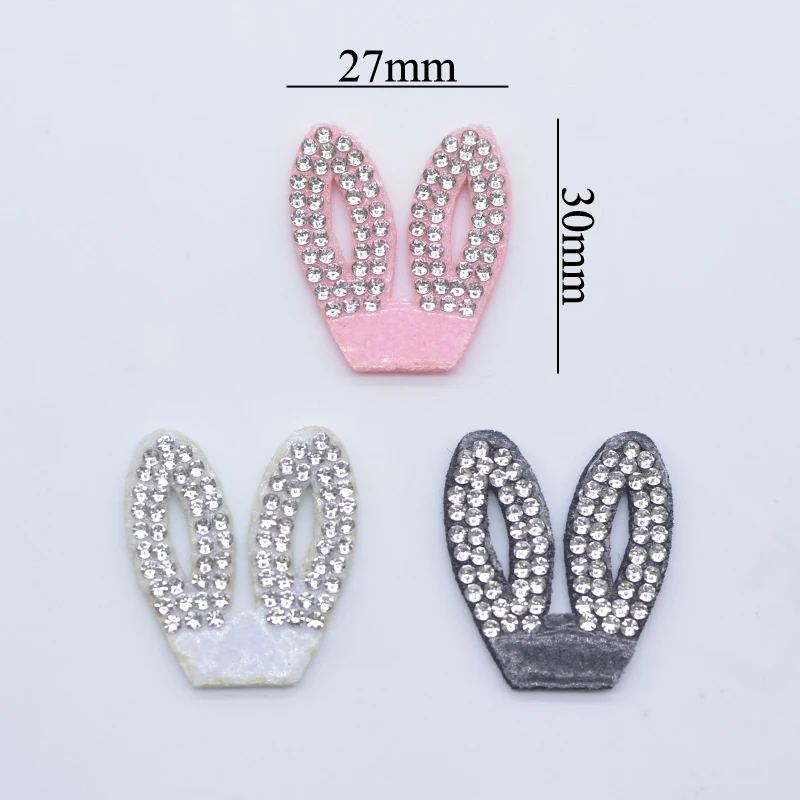 30Pcs 27*30mm Padded Colorful Rhinestone Rabbit Ear Patches for DIY Clothes Hat Headwear Hair Clips Decor Appliques Accessories