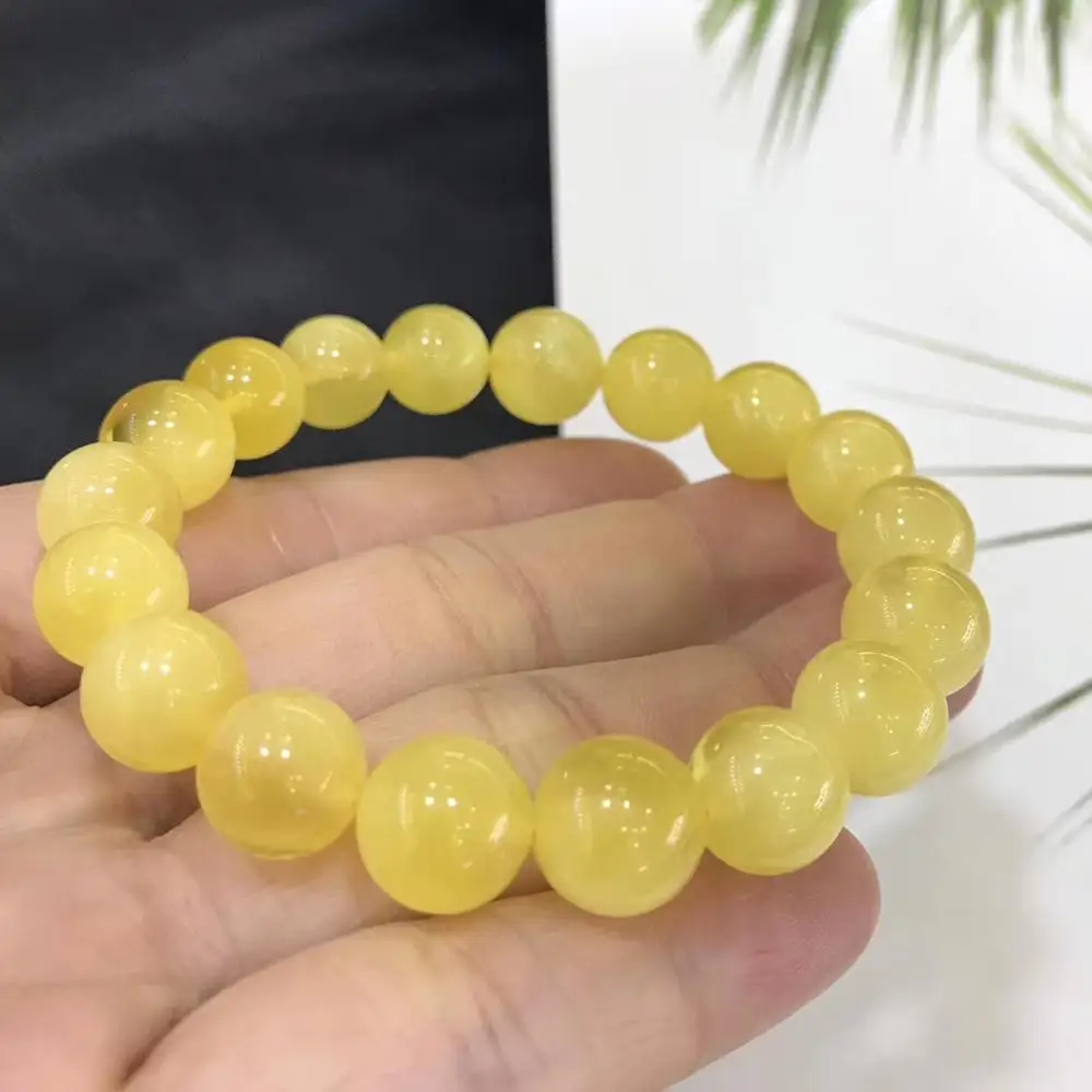 Genuine Natural Yellow Amber Round Beads Bracele 10.7mm Women Men Healing Stretch Crystal Amber Rare Jewelry AAAAAA