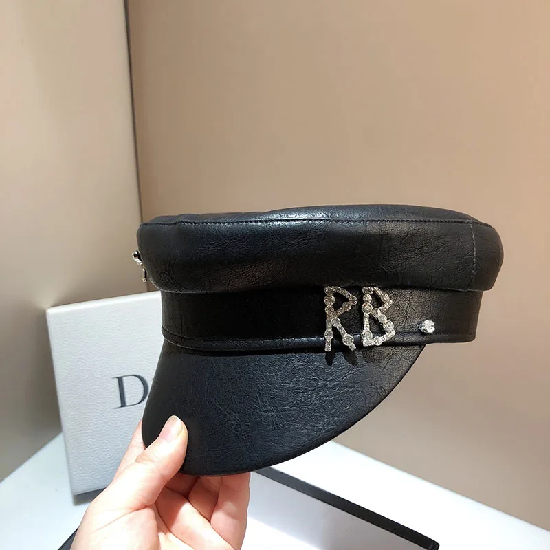 Black Hats For Women Winter Military Hat Leather Navy Cap Rhinestones Casual Caps Lady Internet Celebrity Beret Tide Sailor Hat