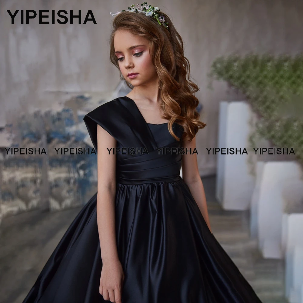 Yipeisha – robe à fleurs en Satin pour filles, sans bretelles, asymétrique, épaule dénudée, longueur au sol, tenue de bal pour enfants, noire, rouge, pour fête d'anniversaire