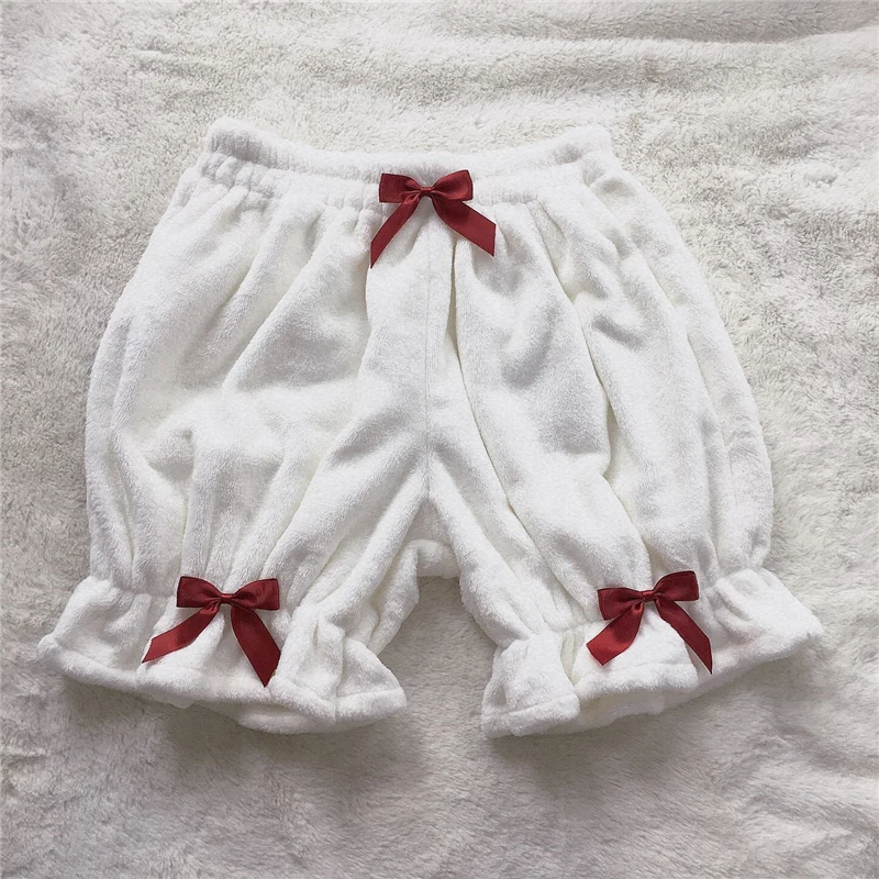 Winter Cute Lolita Girls Soft Warm Velvet Shorts Sweet High Waist Women's Plush White Shorts Kawaii Bow Bloomers Flannel Shorts