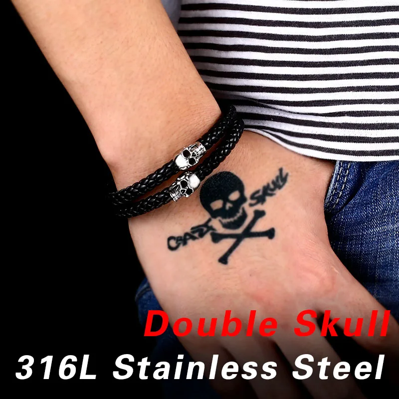 BEIER Punk style Wholesale Drop Ship Man\'s High Quality Genes Skull Leather Bracelet  Bangle For Man BC-L023
