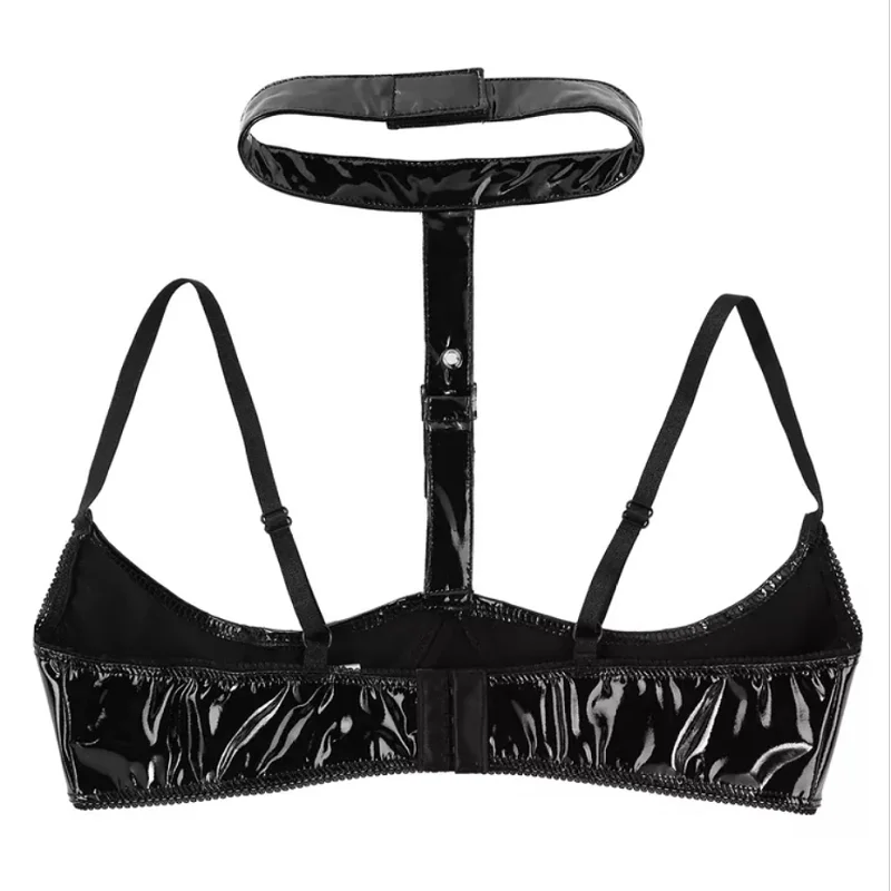 Women Sexy Open Cup Glossy Leather Bra For Sex Back Adjustable Erotic Hot Porn Breast Exposing Shiny Latex Halter Neck Tops Sexi