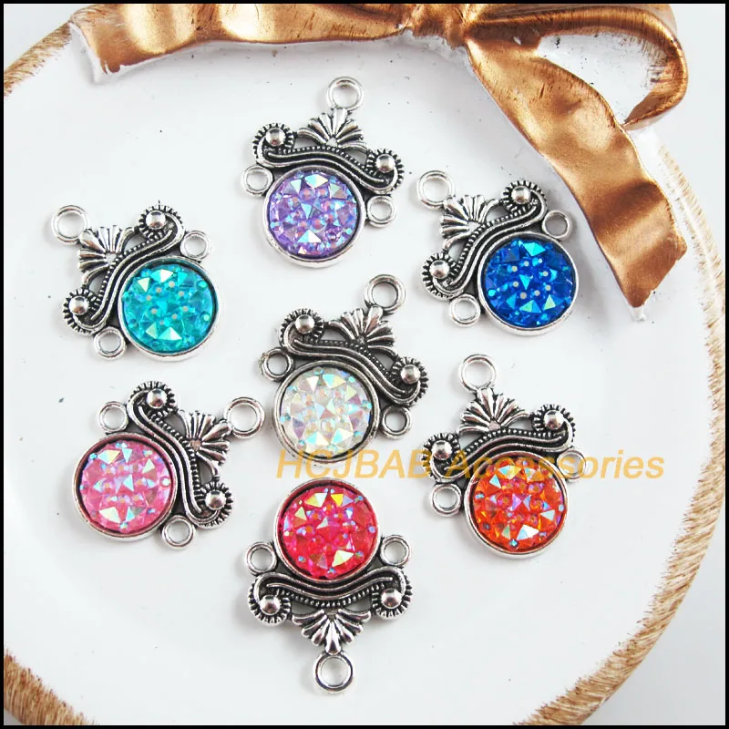 14 New Flower Charms Tibetan Silver Tone Retro Mixed Round Resin Pendants 18x23mm