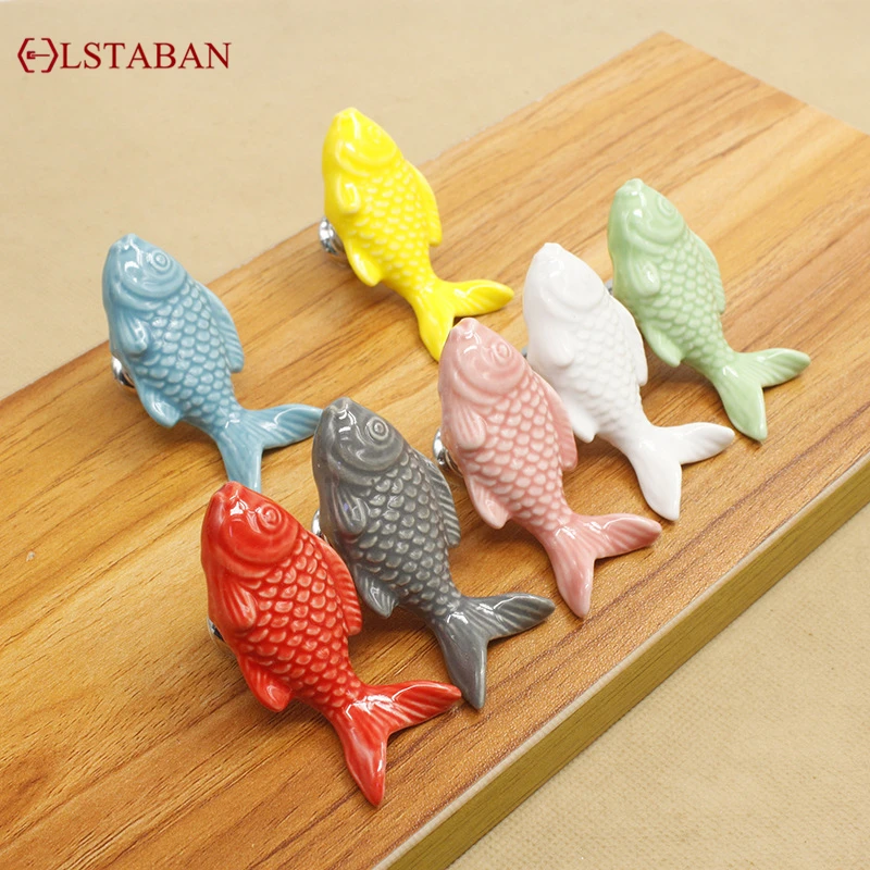 Grass Carp Shape Cartoon Color Wardrobe Single Hole Ceramic Handle Furniture Bookcase Drawer Cupboard Door Handle