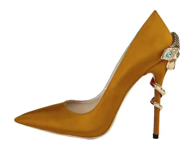 Black Silk Woman high heels sexy pump golden Snake Straped Heel female dress shoes stilettos pointed toe slip on wedding shoes