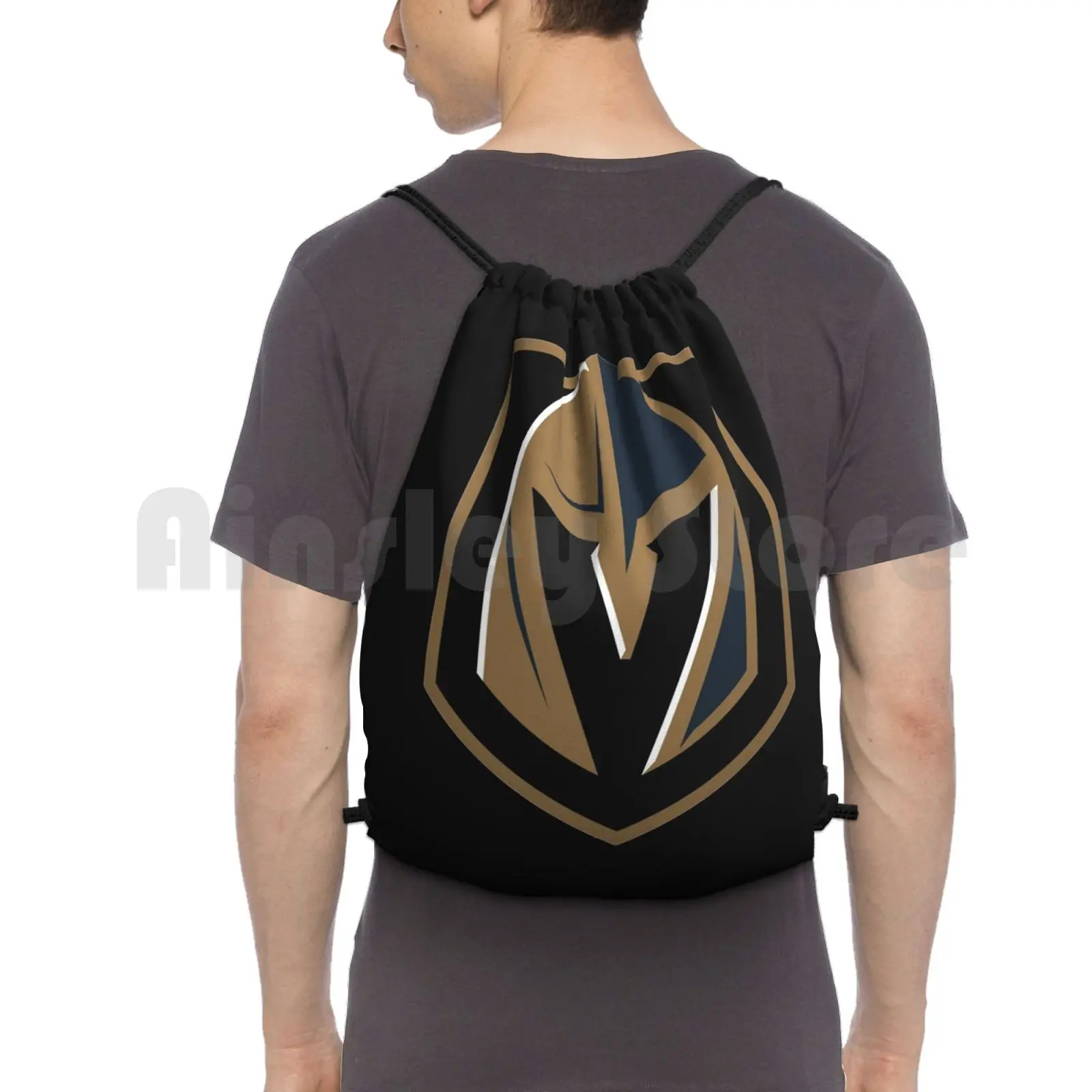 Golden Knight Black Tee Backpack Drawstring Bags Gym Bag Waterproof Hobbies Entertainment Clubsteams Hockey Floral Sports