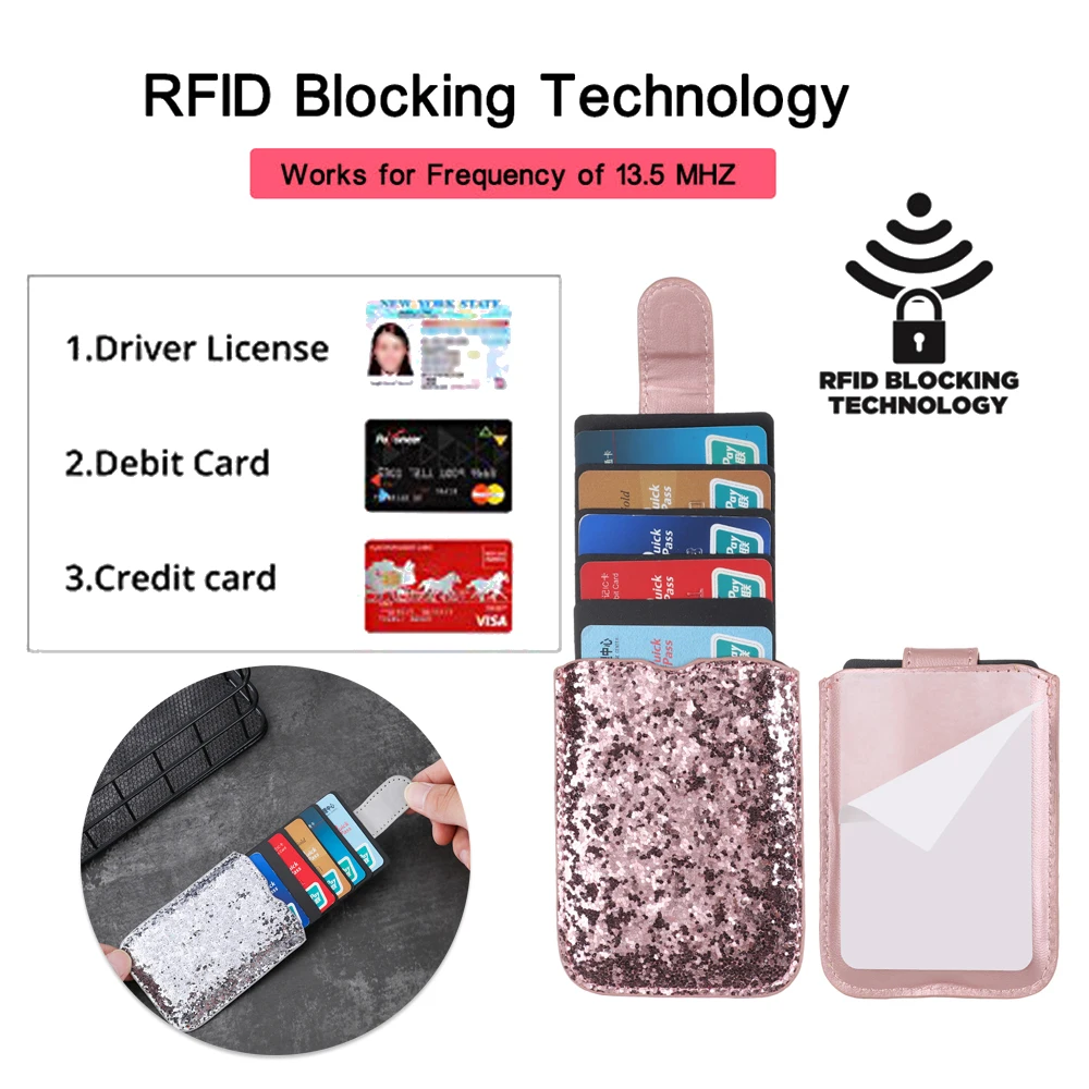 1Pcs Hot RFID Blocking Credit Card Holder 5 Pull Sequins Card Sleeve Stick Adhesive Sticker Universal Cell Phone Wallet Case