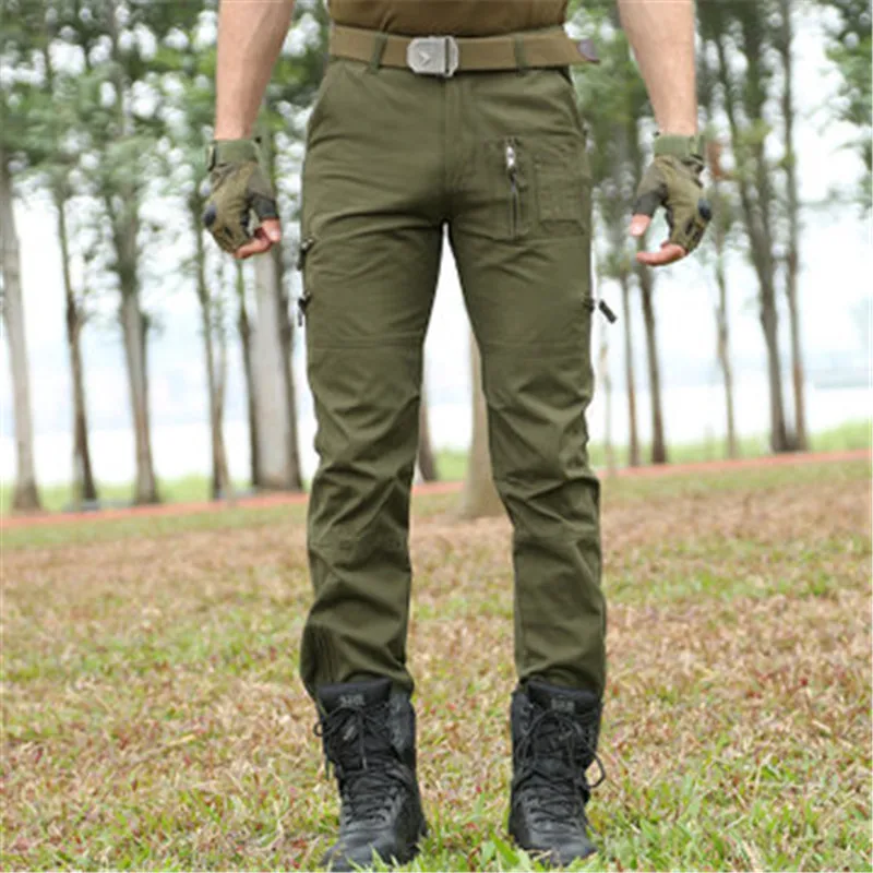 multi-pocket men's overalls loose casual pants straight wear-resistant work Army pants outdoor sports long black army Green