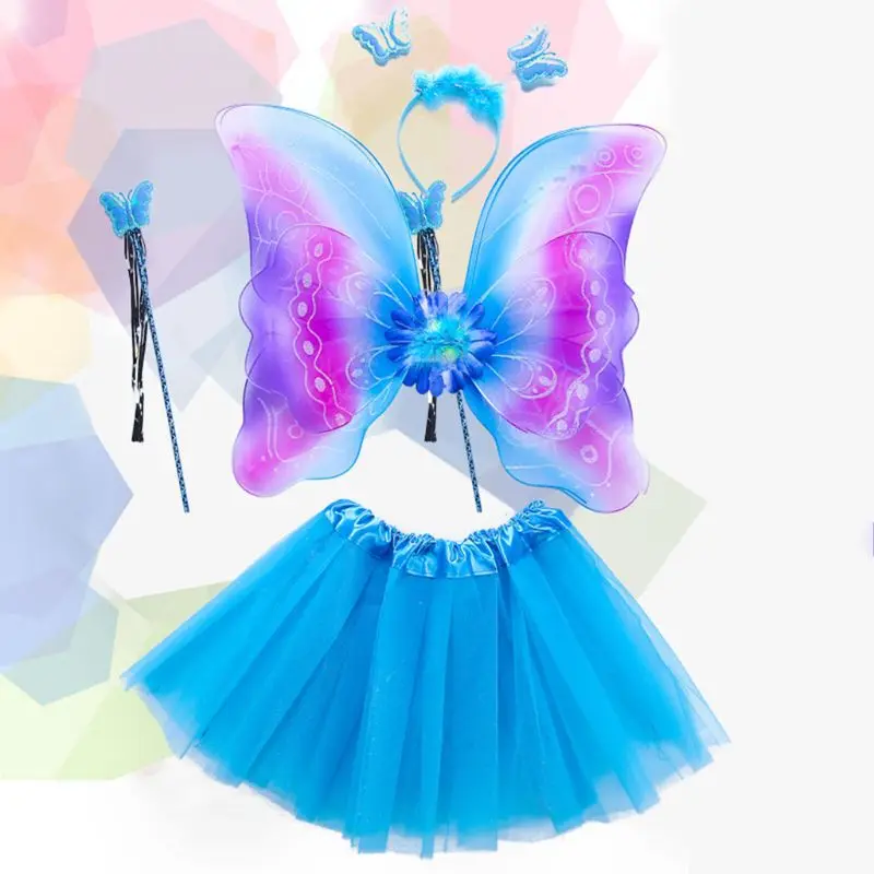 4Pcs Girls Fairy Costume Set Rainbow Butterfly Wings Three Layers Tulle Tutu Skirt Wand Headband Princess Halloween Party 3-8T image 5