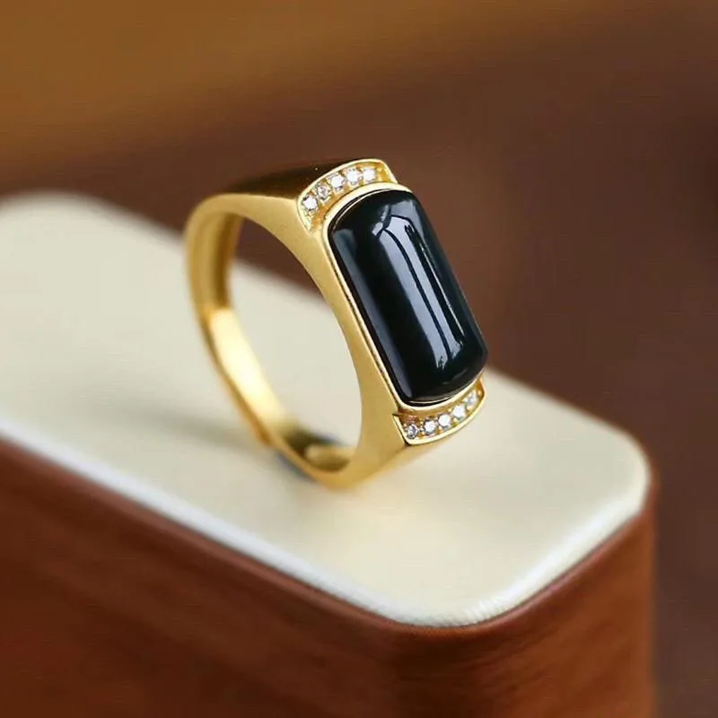 Natural Obsidian 18K Yellow Gold Rings Mens Resizable Fine Wedding Luxury African Jewelry 2021 Vintage Soild Gold Mens Rings