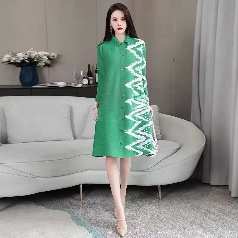 

Miyake Fold 2021 Autumn New Dress Loose Large Size Slim Single-Breasted Printed Rhinestones Women's Dress