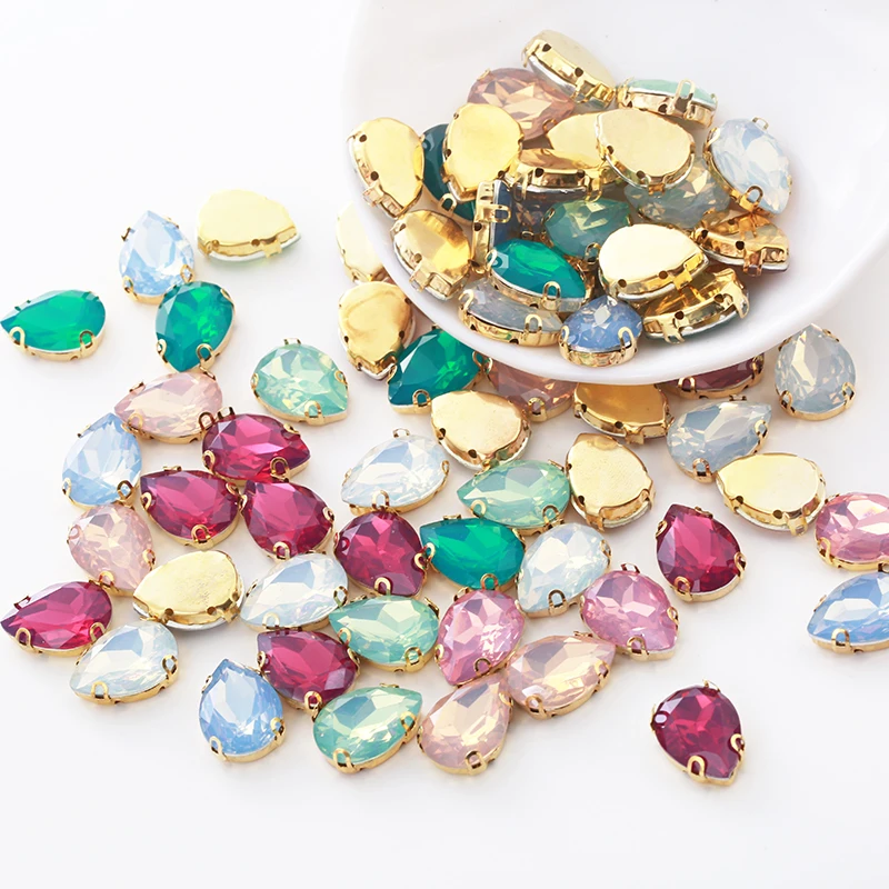 RESEN Mix Colors TearDrop Shape Sew On Rhinestones With Gold Claw Set Resin Opal Pink/ Green/Peach/Blue/White Stones For DIY