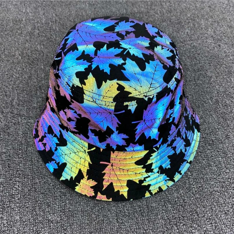 Women Rainbow Bucket Hat Maple Leaf Reflective Light Unisex Club Disco Hip Hop Hat Street Headwear Wide Brim Fisherman Cap