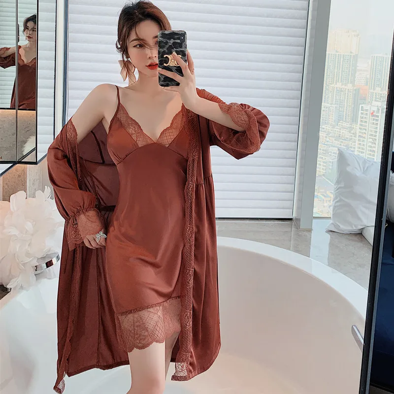 Sexy Pink Rayon Wedding Robe Suspender Nightgown Two-piece Suit Women Spring Summer Sleepwear Intimate Lingerie Loose Home Dress