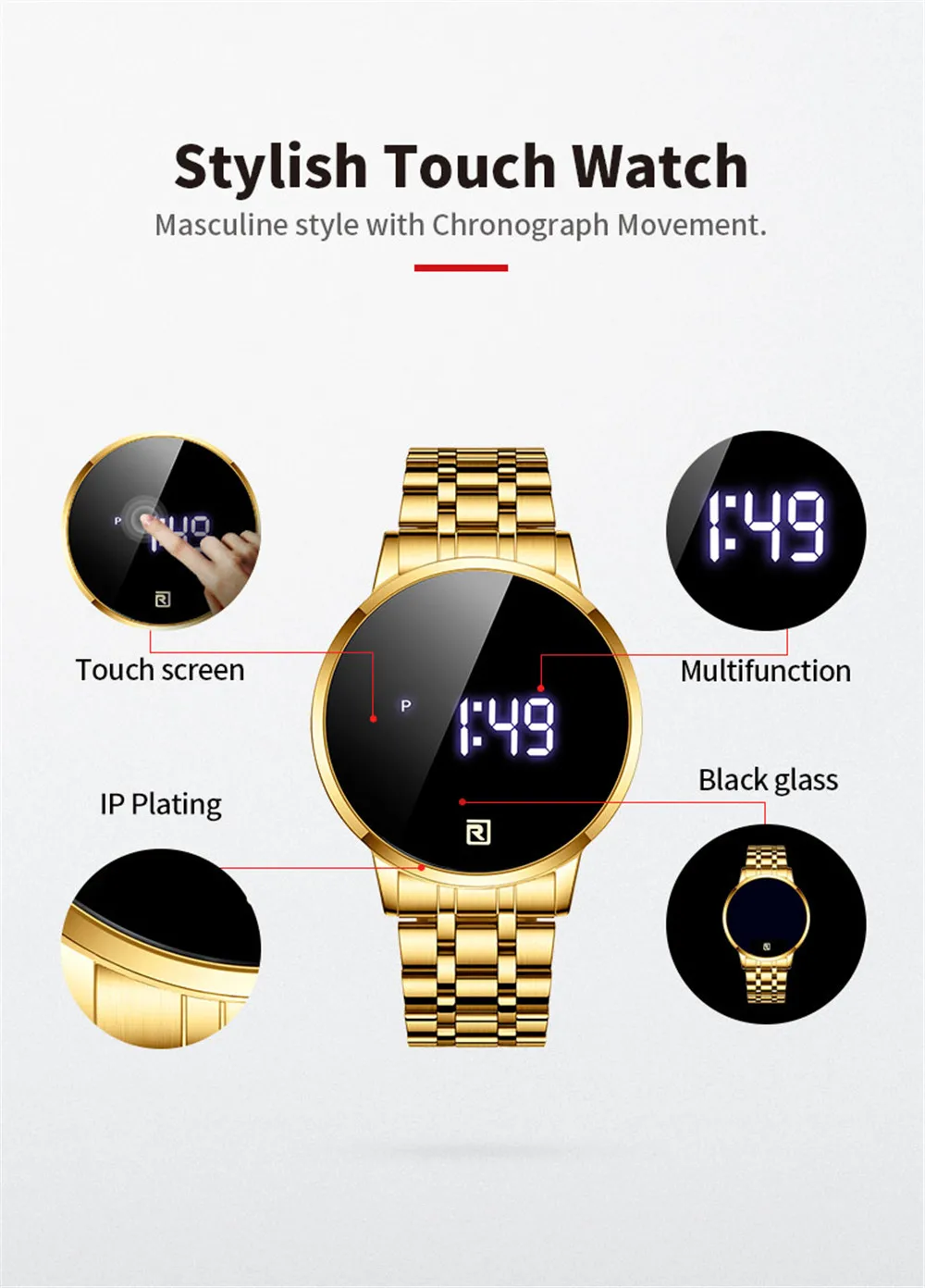 Reward Fashion Men Watches Waterproof LED Touch Screen Date Business steel belt Hours Men Wrist Watch Male Digital wristwatch