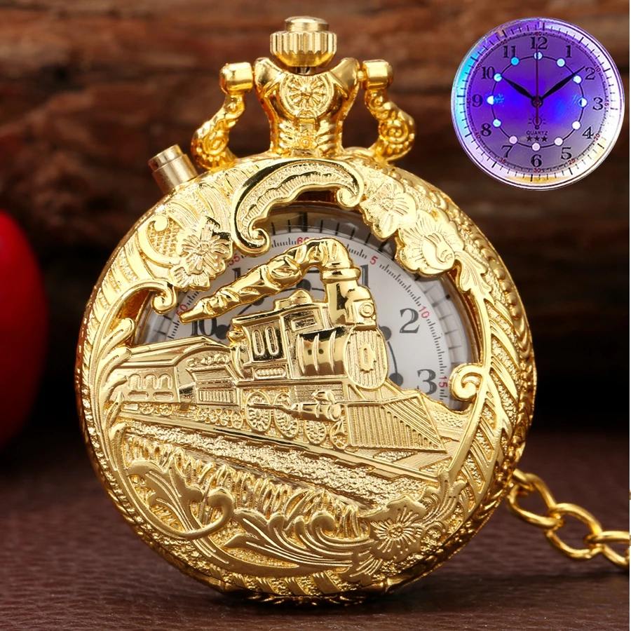 Luxo Gold Luminous LED Quartz Pocket Watch, Steampunk Locomotive Engine, FOB Light, Top Gift para homens e mulheres