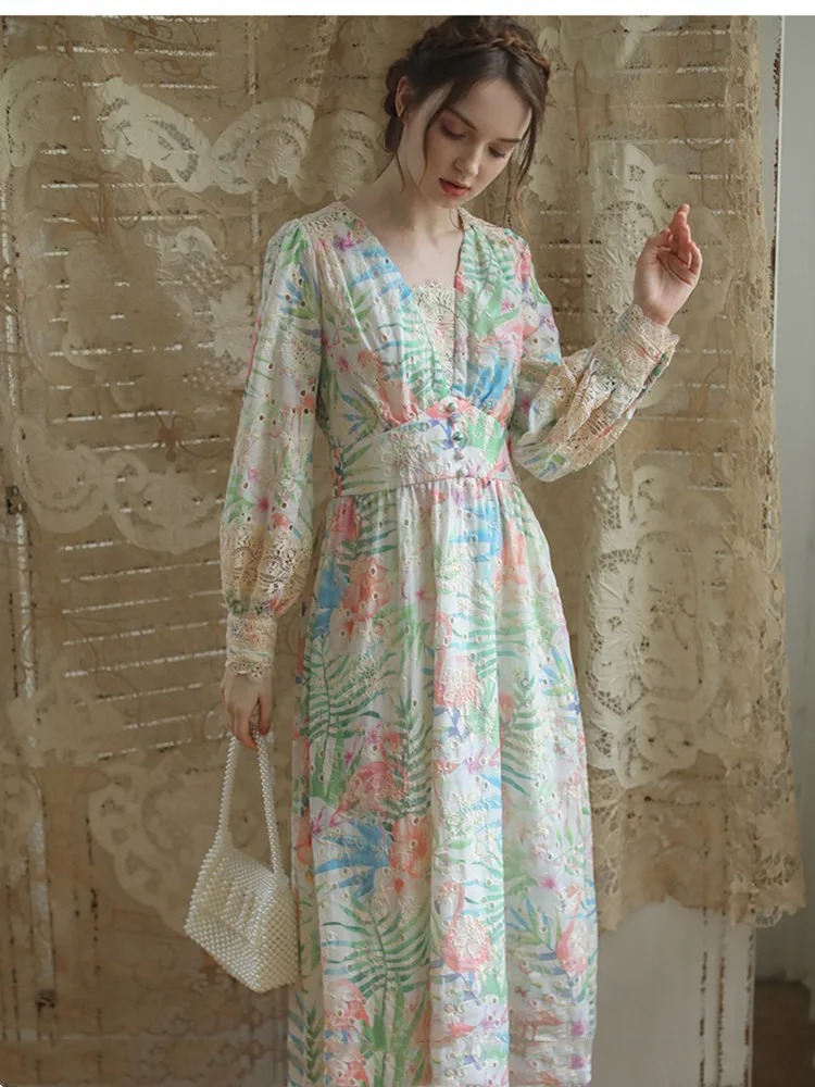 Spring2020 Women Vintage Elegant Slim Midi Mori Girl Sweet Floral Print Lace Hollow Out Embroidery Cotton Long Dress