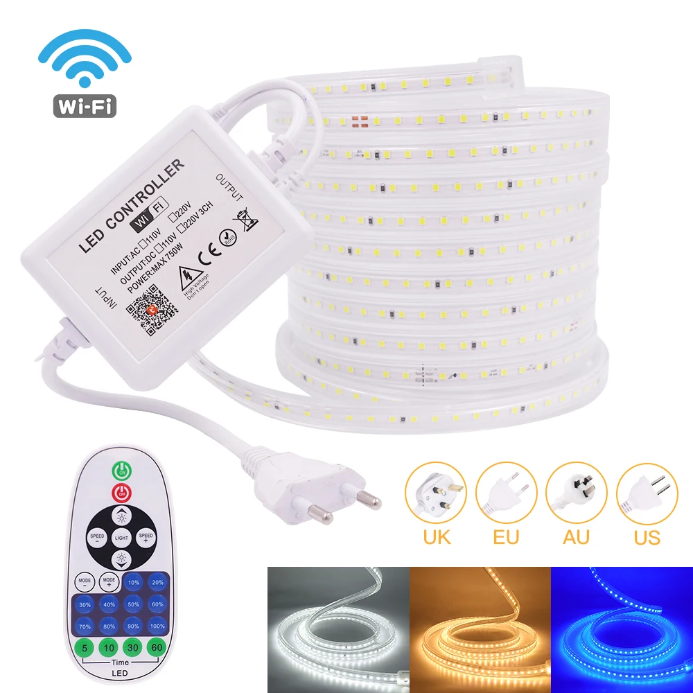 

LED Strip Light 220V 110V 2835 WiFi Tuya Smart Waterproof led strip High Brightness 120LEDs/m Flexible LED Ribbon Tape Dimmable