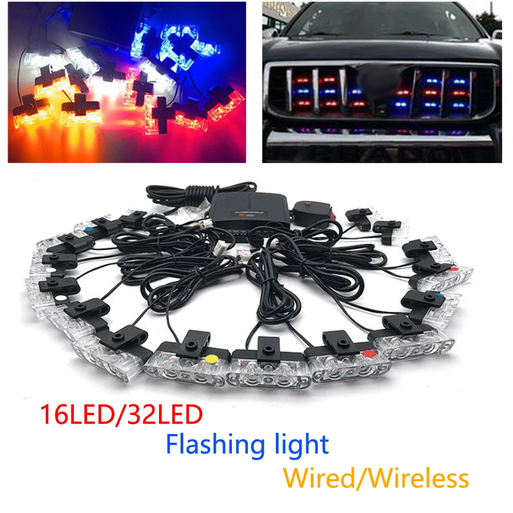 DC 12V High Power Wired And Wireless Car in The Grill Strobe Light Clip Light LED Police Warning Light Multi-Mode