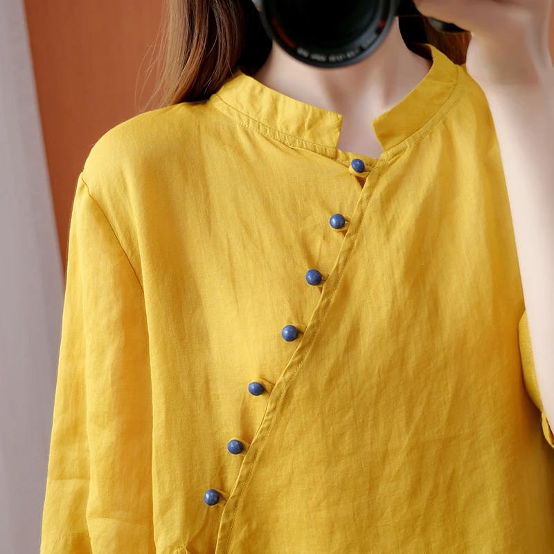 Summer retro standing collar female shirts color buttons irregular top chinese style blouse