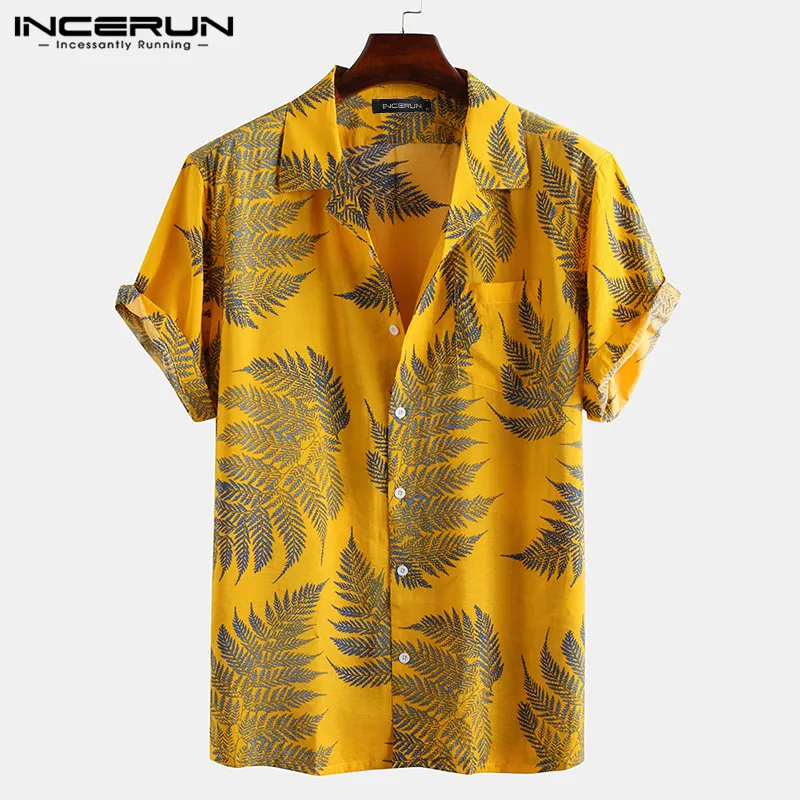 INCERUN Hommes Manches Courtes Revers Imprimé Chemise Motif Du Cuir oral elu Tropical Floral Chemise Décontractée D\'été Hawaïenne Vacances Camisa