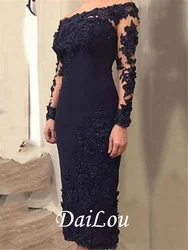 Sheath / Column Mother of the Bride Dress Elegant Off Shoulder Tea-Length Lace Satin Long Sleeve with Appliques 2021