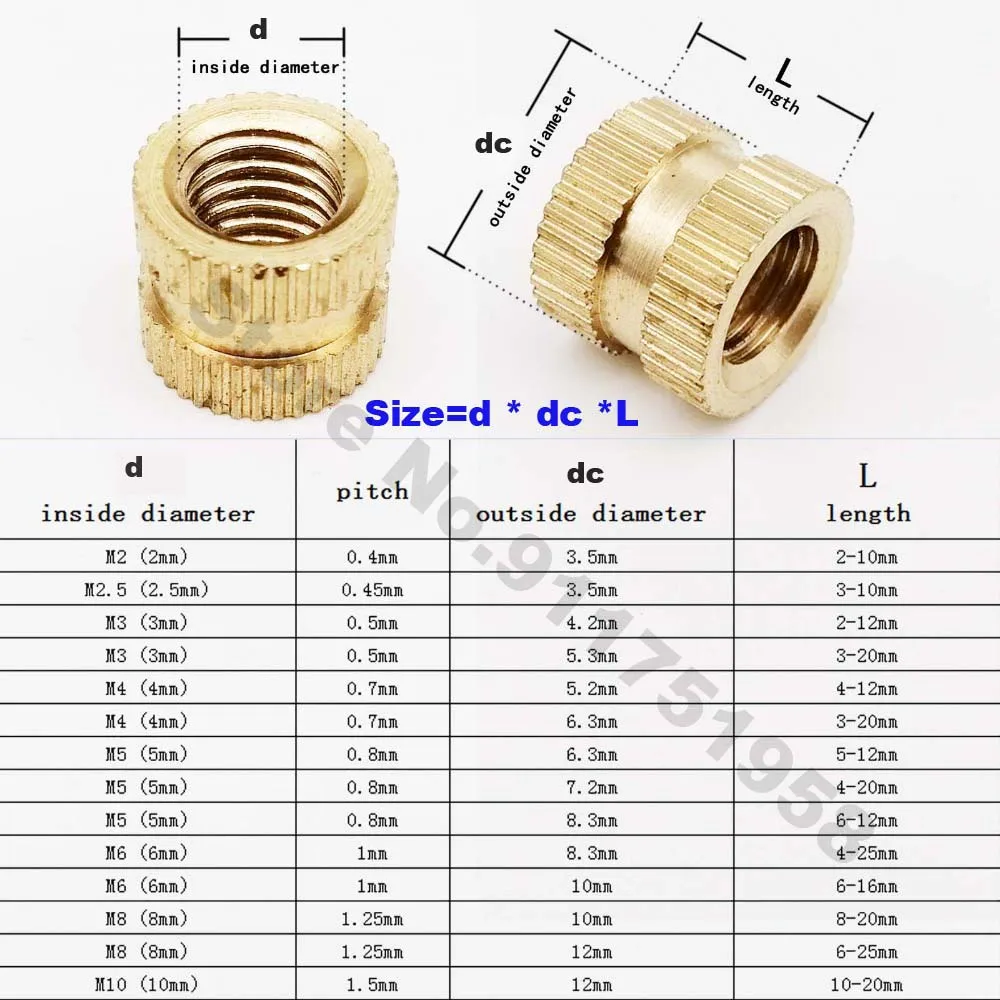 10/50Ps Solid Brass Pure Copper Metric Thread Injection Molding Knurl Insert Nut M2 M2.5 M3 M4 M5 M6 M8 M10 Nutsert Embedded Nut