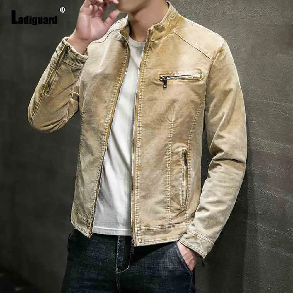 Ladiguard 2021 Demin Jacket Men Streetwear Fashion Zipper Pockets Demin Coats Mandarin Collar Tops Plus Size Male Jean Outerwear