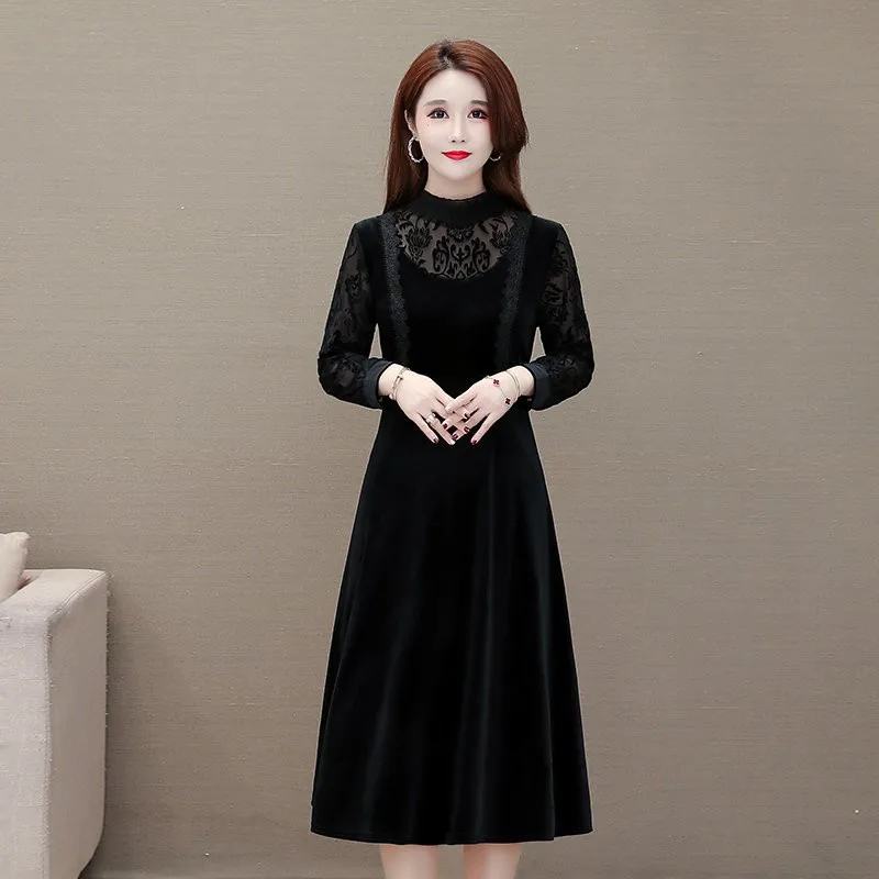 Retro Palace Style Hollow Out Black Velour Dress Office Lady Sexy Slim Elegant OL Work Wear NEW Chic abito lungo da donna a vita alta