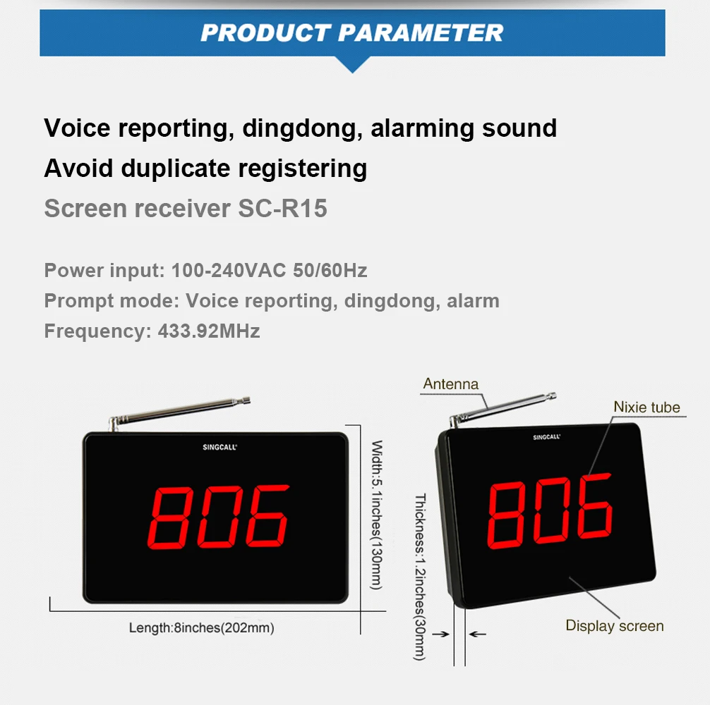 SINGCALL Wireless Nursing Call System,Mobile Cabin Hospita, LED Number Display,Receiver with Voice Report,Alarming around SC-R15