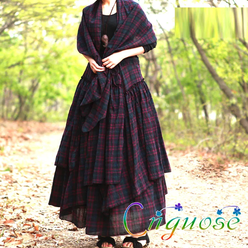 2019 Plus Size 6XL Spring Autumn Female Vintage Casual Lattice Plaid Cotton Retro purple Long Skirt designs / Tutu Skirts Womens
