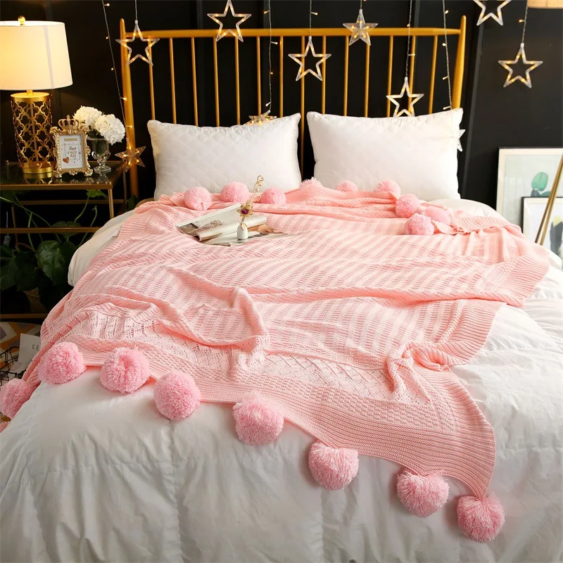 Balls Blanket Knitted Pompons Bedspread Soft Cobertor Macaron Color Fresh Woven Throw Nordic Style Sofa Bedding Decorating