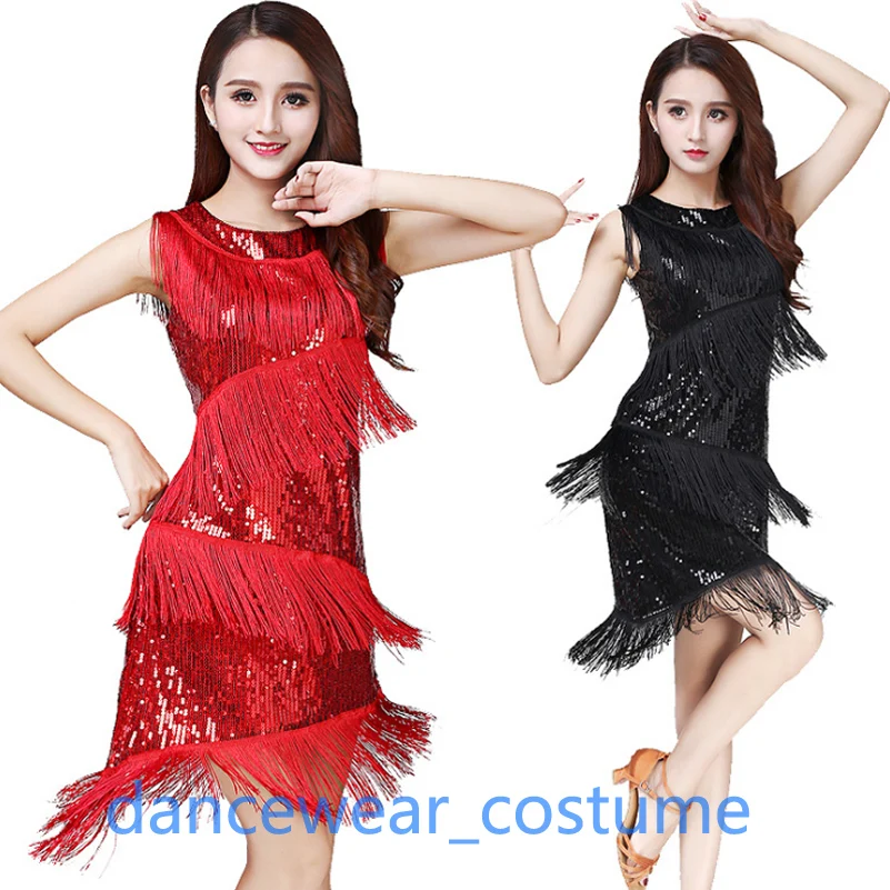 New Ladies Girl Professional Sequins Party Ballroom Latin Tango Jazz Modern Rumba Salsa Dance Dress Fringe Tassels Skirt 3Colors