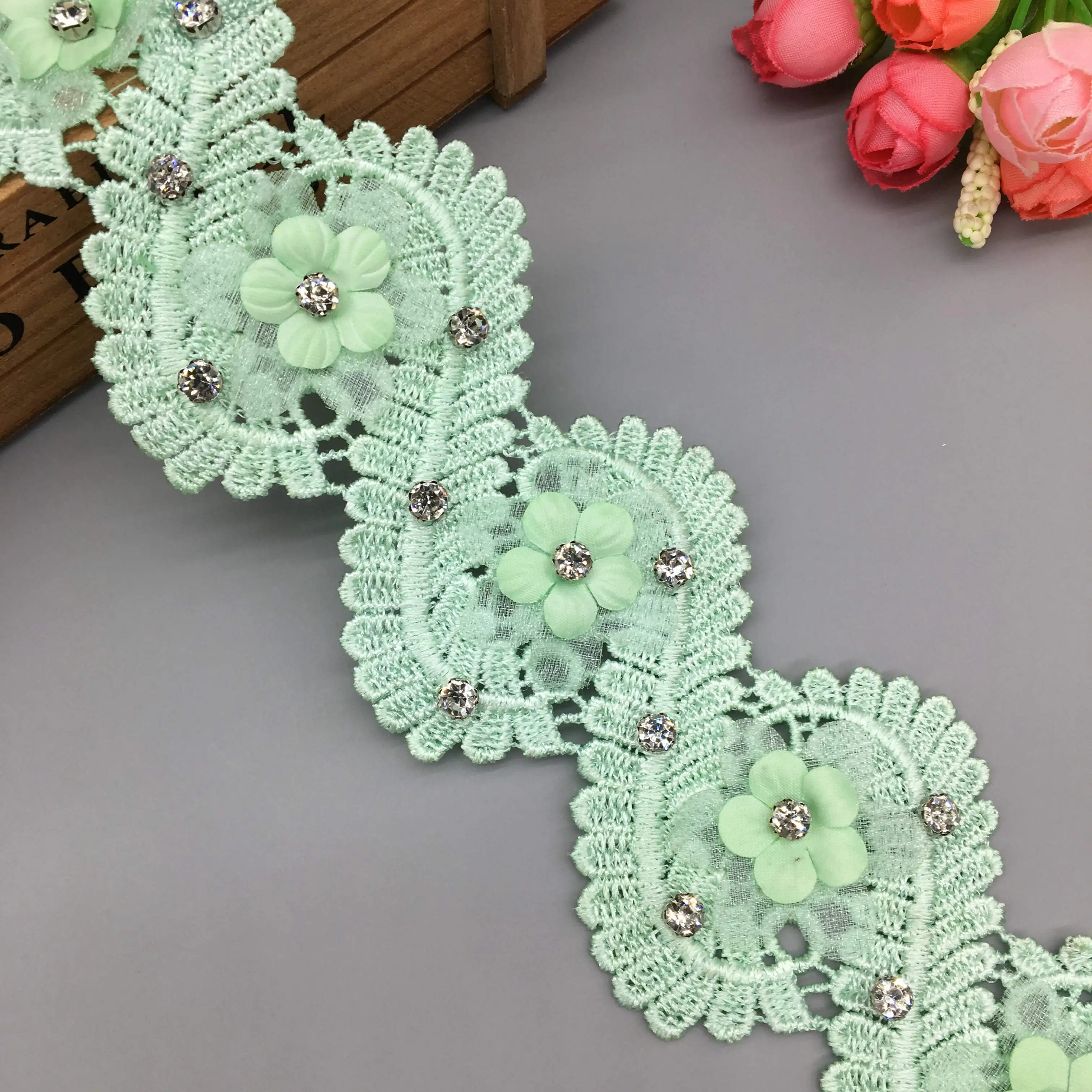 1 yard 6CM Green Centipedes Pearl Rhinestones Lace Trim Ribbon Fabric Embroidered Applique Patchwork DIY Wedding Sewing Craft