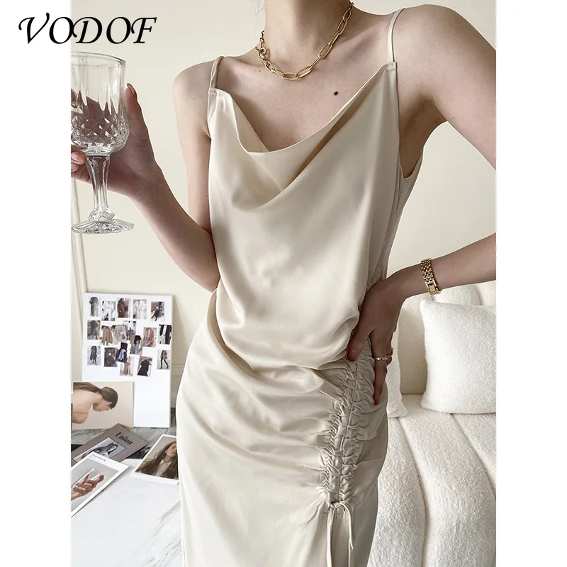 

VODOF Sling Black Dress for Women Sleeveless 2021 New Summer Chiffon Plus Size Dress Back Split Long Midi White Party Dresses