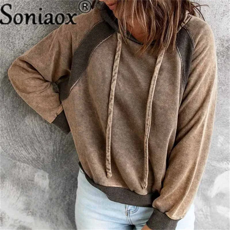 

2021 Autumn And Winter New Color Contrast Block Patchwork Hoodie Casual Women Streetwear Sweatshirt Polerones Drawstring Hoodie