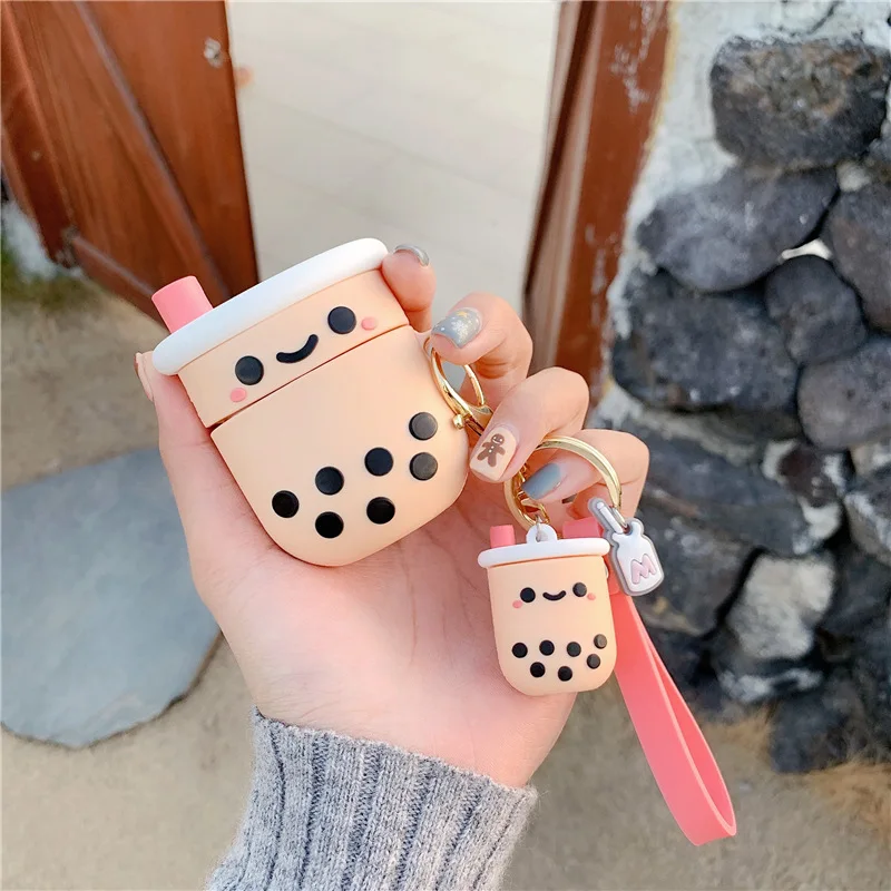 Airpods pro 1および2用のシリコンケース,bluetoothワイヤレスヘッドフォン用のかわいいbobaケース,パールキーホルダー付きアクセサリー