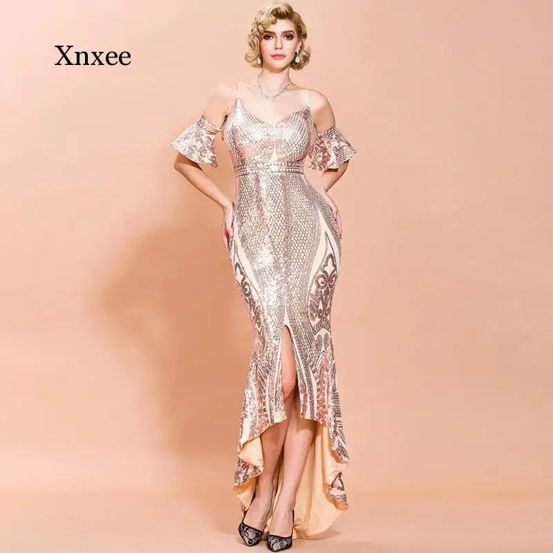 

2021 Women Sexy Off Shoulder Sequin Print Dresses Female Elegant Backless Sexy High Split Maxi Dress Clothing