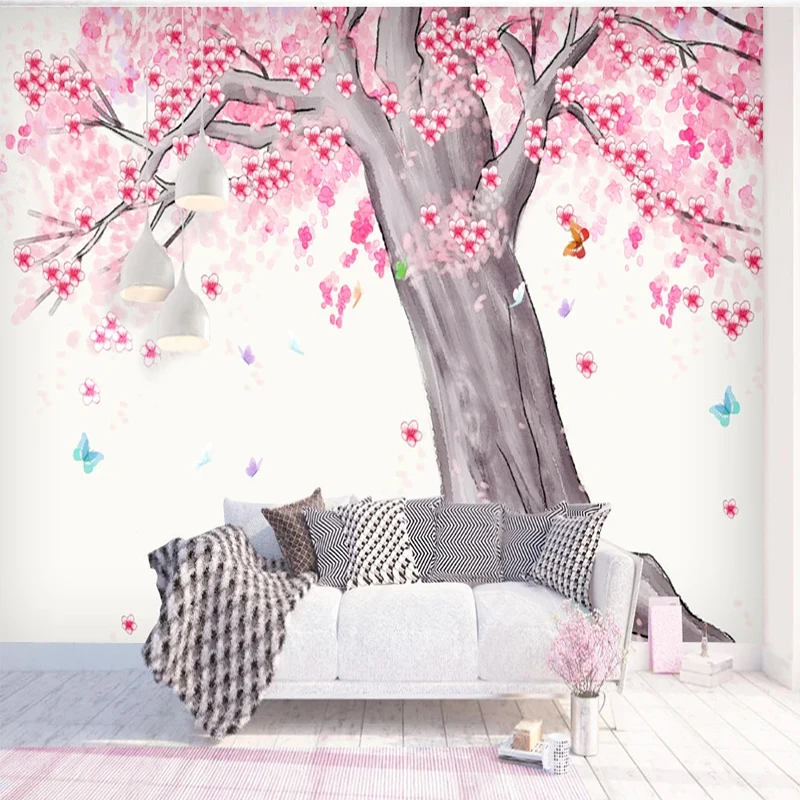 

Custom Wall Murals Wallpaper Hand Painted Watercolor Cherry Tree Landscape Living Room TV Backdrop Papel De Parede For Bedroom