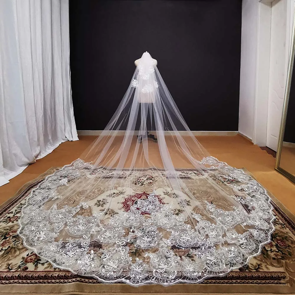 Voile de mariage en dentelle à paillettes, de luxe, avec peigne, voile de mariée, ivoire blanc, 3 mètres, couvre-chef de mariage