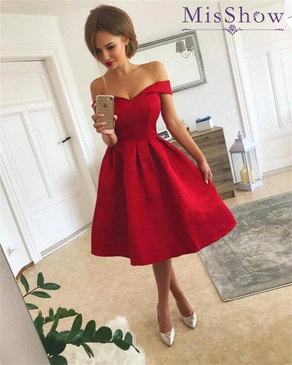 MisShow 2022 Sexy Off-the-shoulder Solid Red Dress for Women Casual Knee-Length Soft Satin Aline Dressses Birthday Party Club