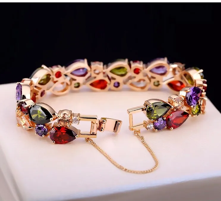 LUOTEEMI Luxury Rose Gold Gold Color My Mona Lisa Multicolor CZ stones Big Crystal Charm Bracelet Chic Bangle For Women Wedding